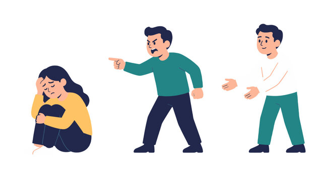 Conflict triangle concept with victim aggressor and helper characters