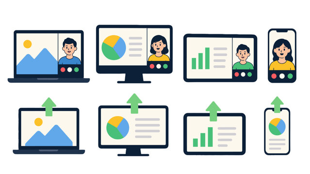 Video conference shared screen on laptop monitor tablet and phone