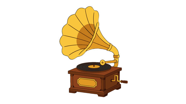 Vintage gramophone with large horn isolated on white