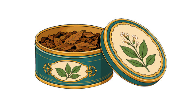 Vintage metal tin with dried tobacco leaves cartoon illustration