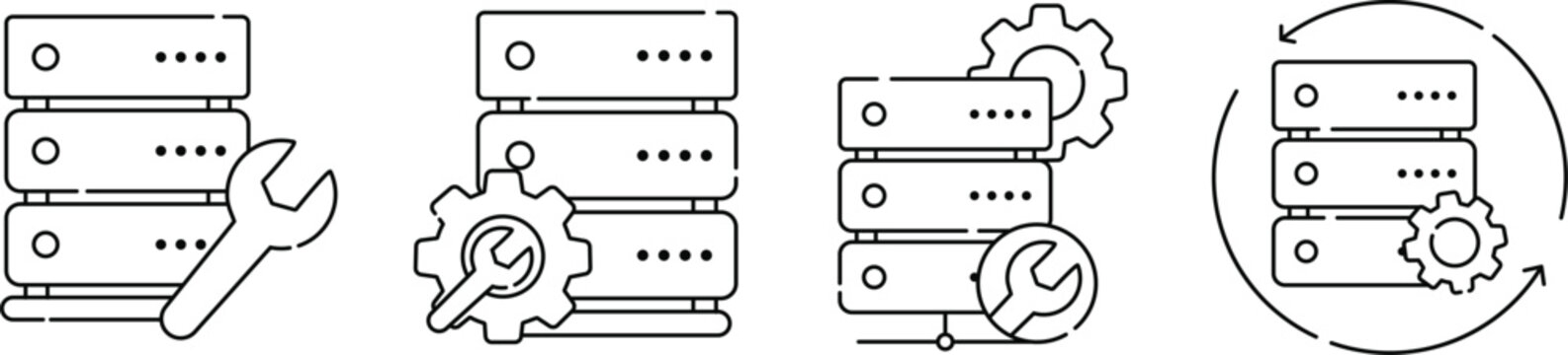 Server Maintenance Icons Set Vector Illustration, Server Management, Database Administration and Cloud Infrastructure Line Art Collection