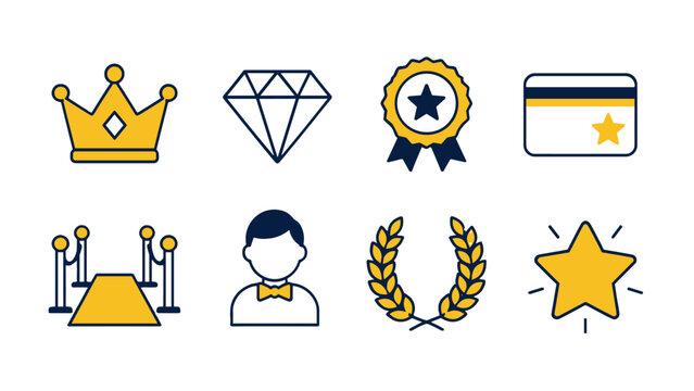 VIP premium line icon set with crown diamond badge and star