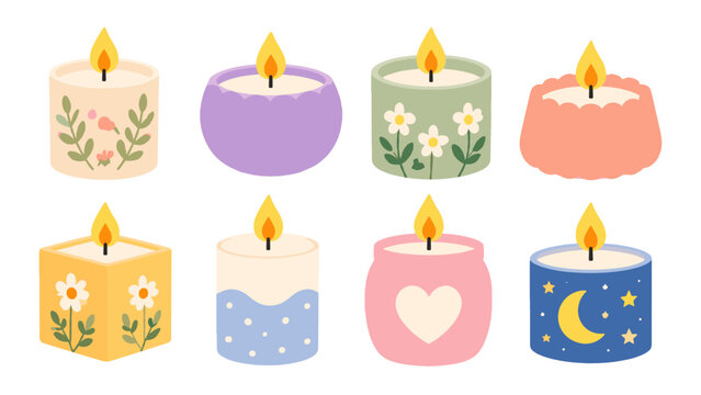 Set of decorative burning candles in flat vector style