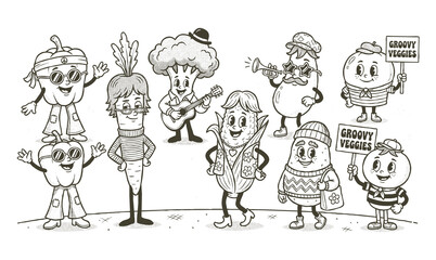 Naklejka premium Groovy retro cartoon vegetable mascots set