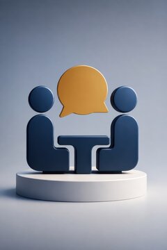 3D communication concept with two people and speech bubble on pedestal