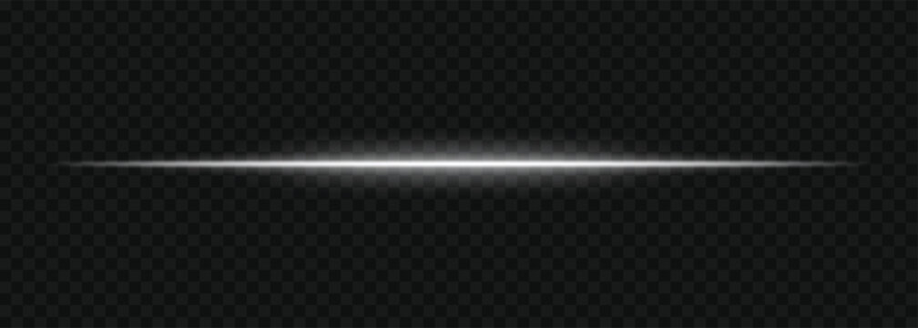 Shining white neon light beam with horizontal rays and sparkle. Glow light line flare isolated on transparent