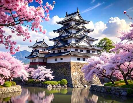 Majestic Japanese Castle Surrounded by Blooming Cherry Trees Beside Reflective Moat