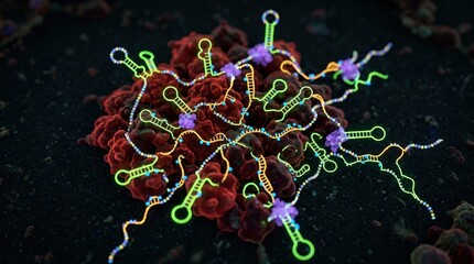 Fototapeta premium Fluorescent RNA hairpin loops and small open reading frame strands weave through a red cancer cell cluster, with ribosome particles, nucleotide beads, and protein-binding nodes forming a regulatory