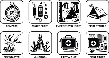 Wilderness survival and emergency camping gear icons set featuring black silhouettes of compass water filter shelter tent fire starter multitool and first aid kit isolated on white © Rakib