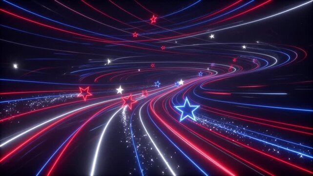 Abstract patriotic background with red white and blue neon light streaks and glowing stars tunnel motion effect for Fourth of July celebrations and national holiday motion graphics video project