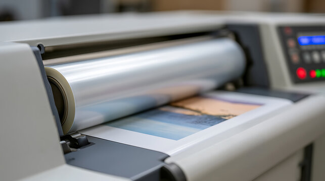 Modern automatic laminating machine apply protective film to printed photo document in commercial print shop workshop