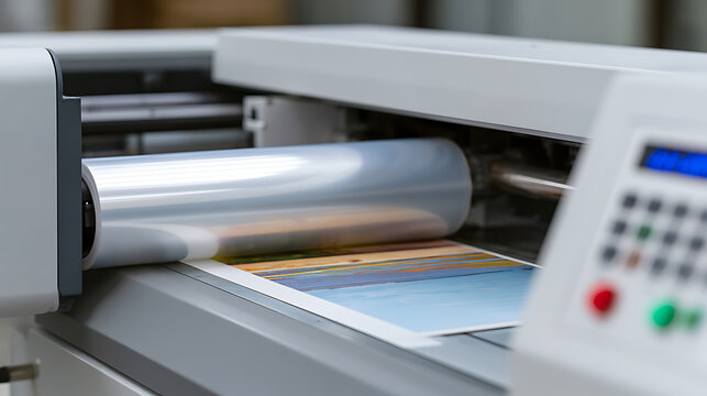 Close-up detail of a professional lamination machine applying protective film to a printed document, emphasizing machinery in action