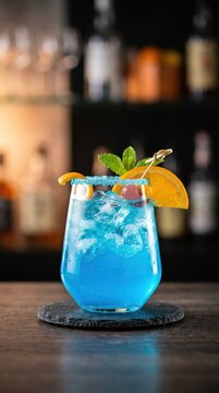 Blue alcoholic cocktail drink with ice orange slice and mint on a dark bar counter