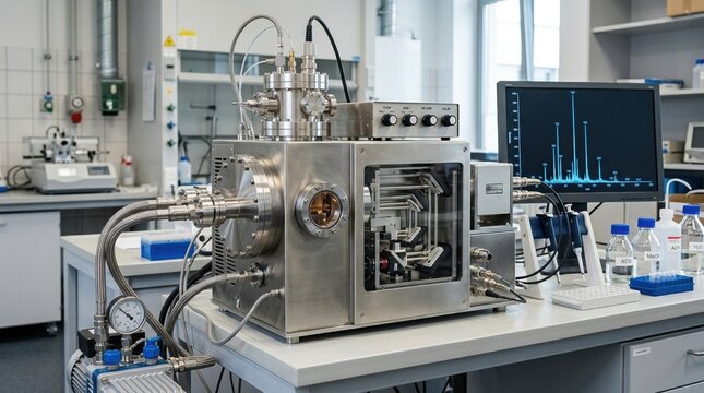 Compact mass spectrometer in a clean laboratory, with polished metal housing, ion source chamber, mirrored multi-reflecting flight path, and a glowing time-of-flight spectrum on a nearby monitor