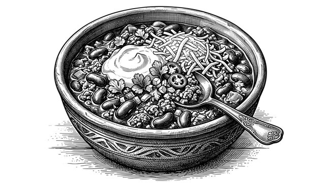 Chili con carne bowl with beans, minced meat, and cheese. Hand drawn vintage engraving style vector illustration of traditional Mexican food