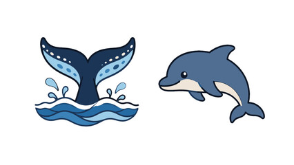 Fototapeta premium Cute whale tail and dolphin cartoon vector set