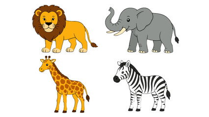 Obraz premium Cartoon wild animal set with lion elephant giraffe and zebra