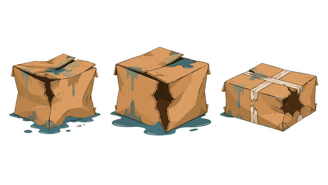 Set of wet damaged cardboard boxes with tears and dents