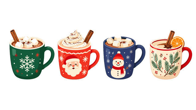 Festive winter mugs with hot cocoa and holiday decorations