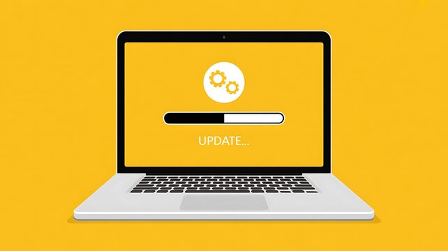 Laptop, software update, loading screen, yellow background, technology concept