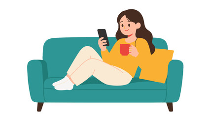 Fototapeta na wymiar Young woman relaxing on sofa while using smartphone and holding mug