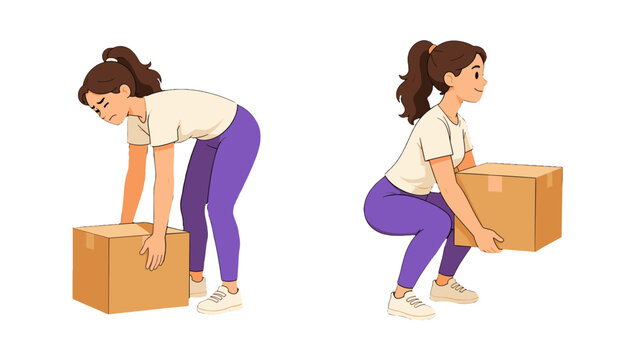Woman lifting a box with incorrect and correct posture comparison