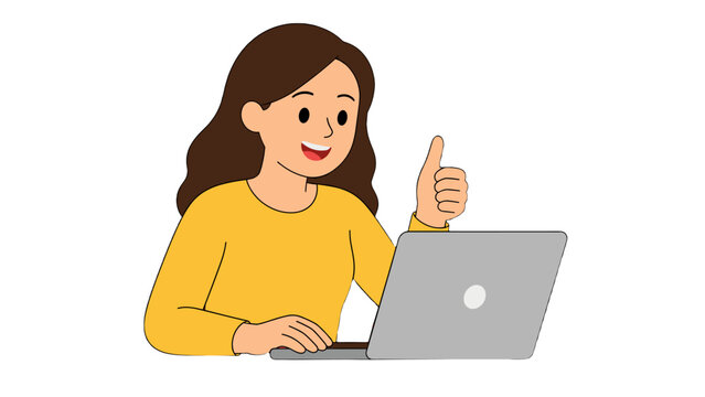 Smiling woman using laptop and showing thumbs up illustration