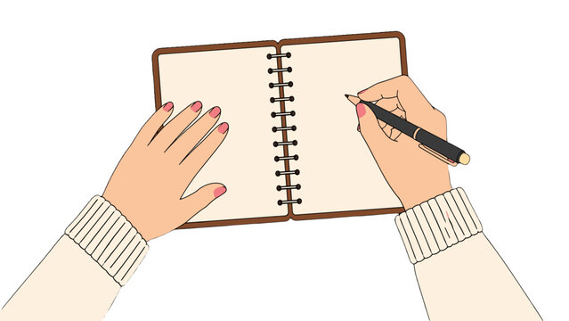 Top view of woman hands writing in open spiral notebook
