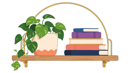 Fototapeta premium Wooden wall shelf with potted plant and stacked books