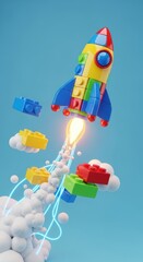 Fototapeta premium Colorful toy rocket launching into sky.