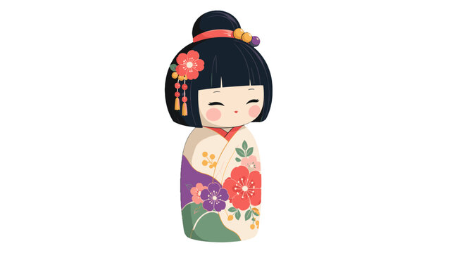 Cute kokeshi doll with floral kimono vector illustration