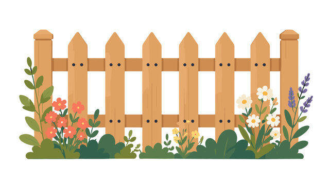 Wooden picket fence with garden flowers vector illustration