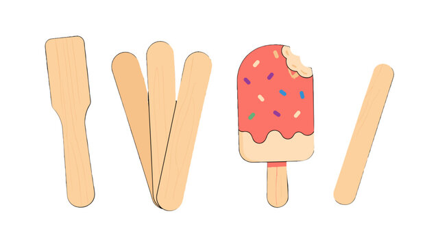 Wooden popsicle sticks and bitten ice cream bar vector set