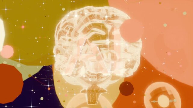 Revealing glowing brain rotating and pulsing in cosmic scene with drifting orbs, adding depth