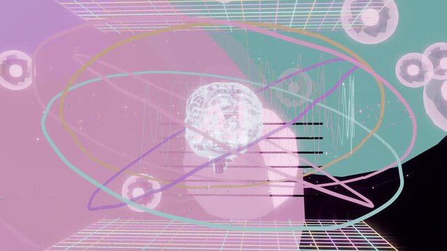 Animating holographic brain glowing and spinning with orbiting rings on grid, forming interface