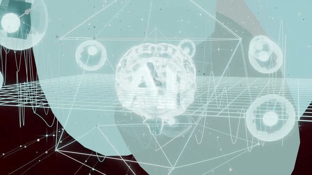 Opening cube lighting, brain AI brightening in virtual chamber, scan crossing, waves pulsing