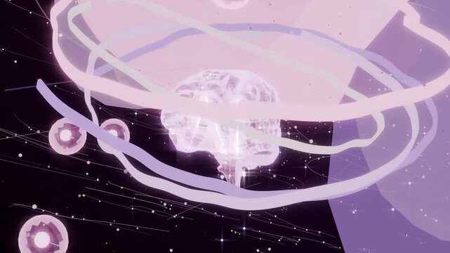 Rotating pastel ribbons revealing crystal brain against starry space, framing with pink-lilac orbs