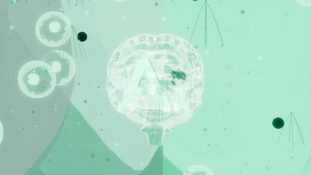 Starting glowing brain spinning, pulsing in mint scene, orbs circling, dots drifting showing folds