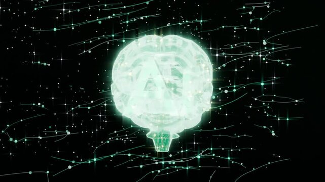 Rotating holographic brain model after start, showing lobes pulsing flow in neon void, with nodes