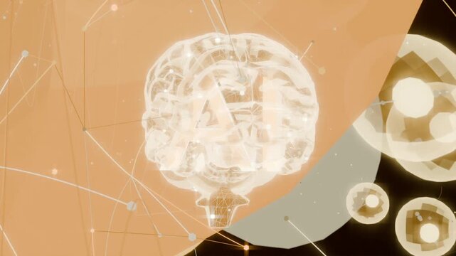 Rotating schematic brain pulsing as orange plane sweeping across digital space showing neural links