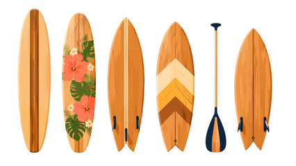 Fototapeta premium Set of wooden surfboards and paddle in different board shapes