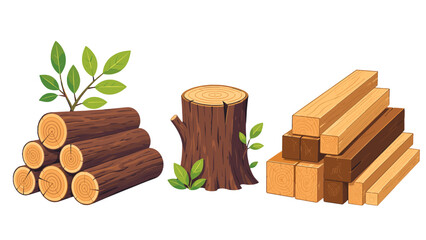 Naklejka premium Wood logs, tree stump, and timber planks vector set