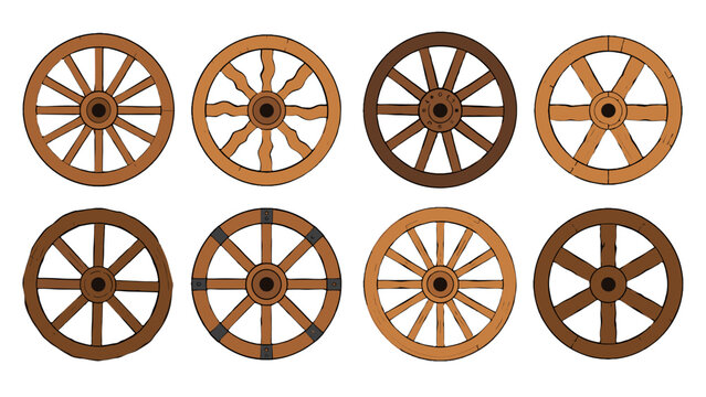 Set of vintage wooden wagon wheels in cartoon vector style