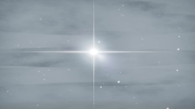 Appearing bright star pulsing, emitting crosshair on cloudy backdrop with specks after black frame