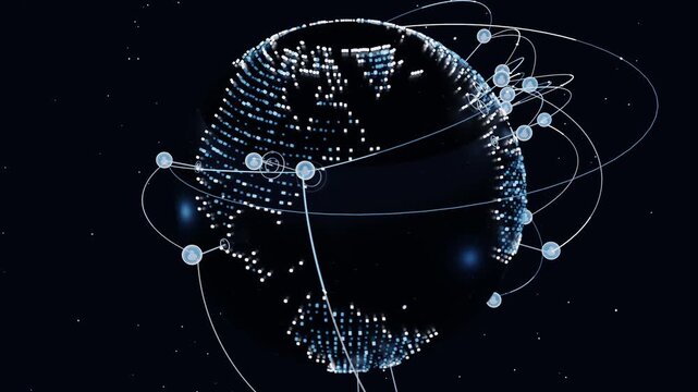 Starting starfield revealing digital globe rotating in void, nodes orbiting via lines linking data