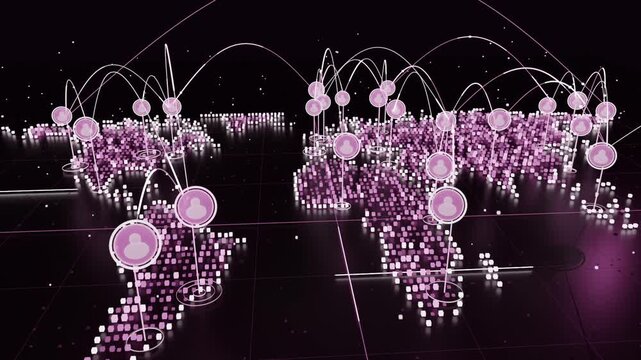 Signal starting pixel map assembling lit cubes in digital space rising pins forming global arcs