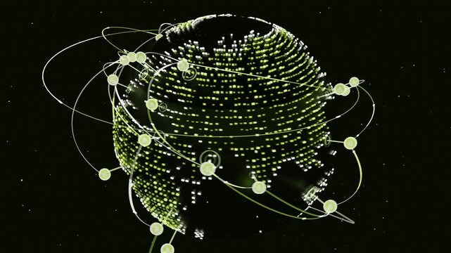 Rotating dotted Earth, pale nodes appearing connecting via arcs, showing global network in space