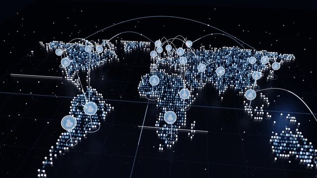 Startup animating pixel globe, spawning pulsing user markers showing global network on glossy grid