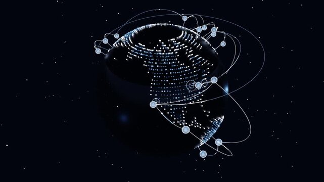 Rotating globe showing map in space, markers popping and forming orbital rings showing network