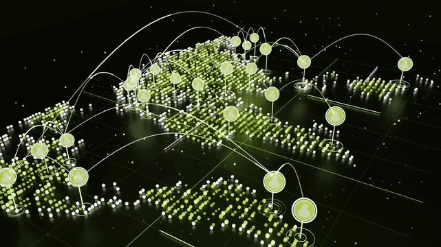 Seeding glowing nodes map forming columns over grid spawning markers linking hubs building network